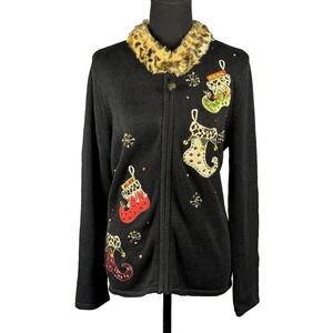 Vintage TIARA‎ International Christmas Sweater Cardigan Sequins Beads Bling M